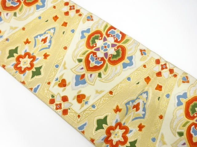 JAPANESE KIMONO / ANTIQUE FUKURO OBI / SILK / WOVEN GEOMETRIC PATTERN & FLORAL CREST